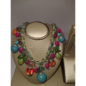 Colorful Beaded Statement Necklace With Mixed Charm Drops & Multicolor Braided C
